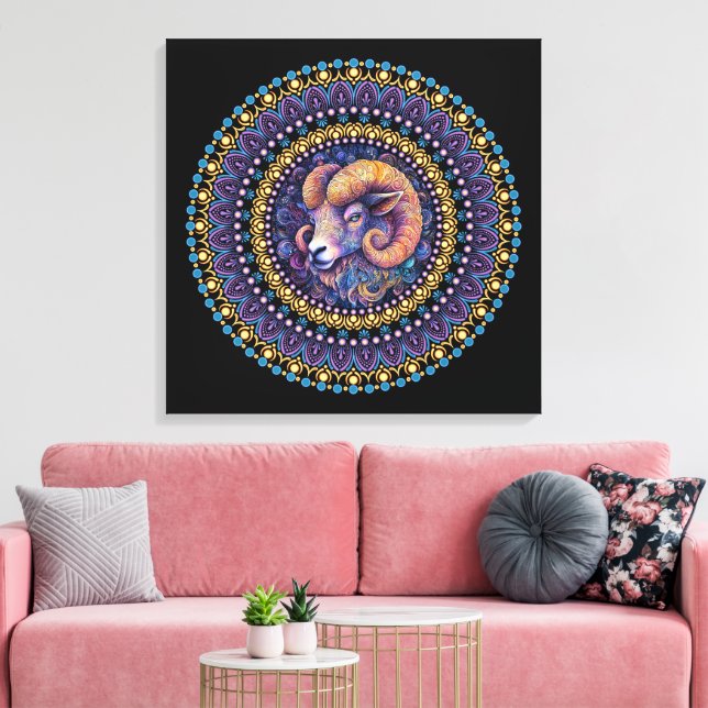 Whimsical Aries Zodiac Dot Mandala Canvas Wall Art (Insitu(Sala de estar))
