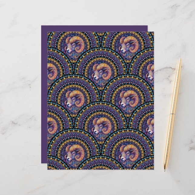 Whimsical Aries Zodiac Mandala Art Deco Scallop (Frente/Verso In Situ)