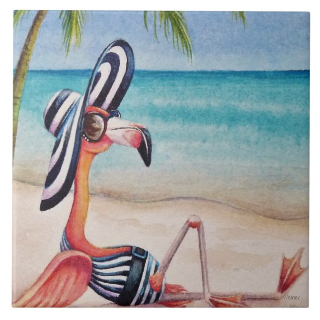 Whimsical Beach Babe Flamingo No. 1 Watercolor Art (Frente)