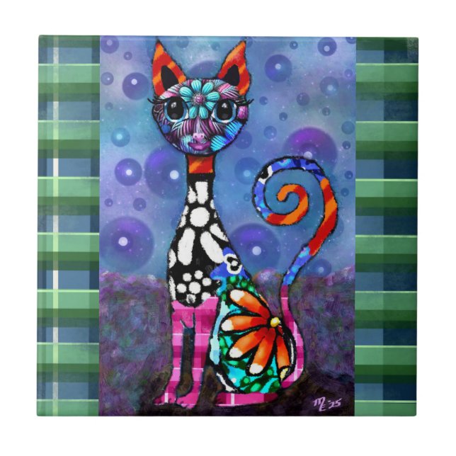 Whimsical Big-Eyed Funky Abstract Kitty Cat (Frente)