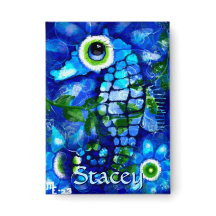 Whimsical Big-Eyes Seahorse Art Blue Personalized