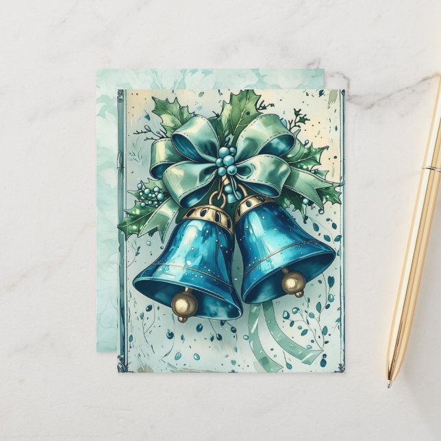 Whimsical Blue Christmas Bells Scrapbook Paper (Frente/Verso In Situ)