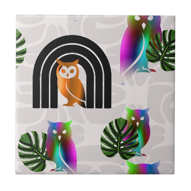 Whimsical Boho Owl & Tropical Monstera Leaf (Frente)