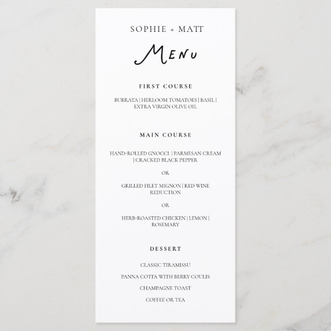 Whimsical Calligraphy Minimalist Wedding Menu (Frente)