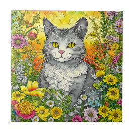 Whimsical Cat and Flowers