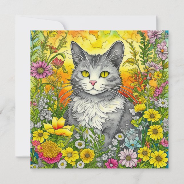 Whimsical Cat and Flowers (Frente)
