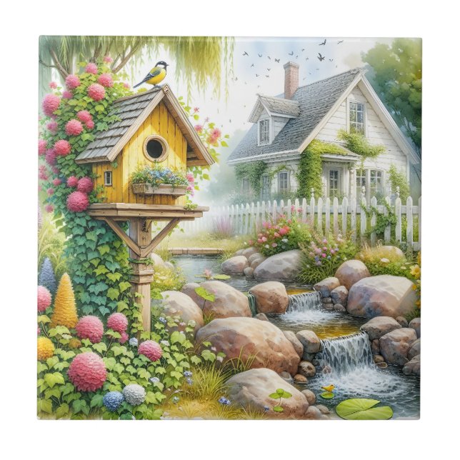 Whimsical Cottage Garden Birdhouse Stream (Frente)