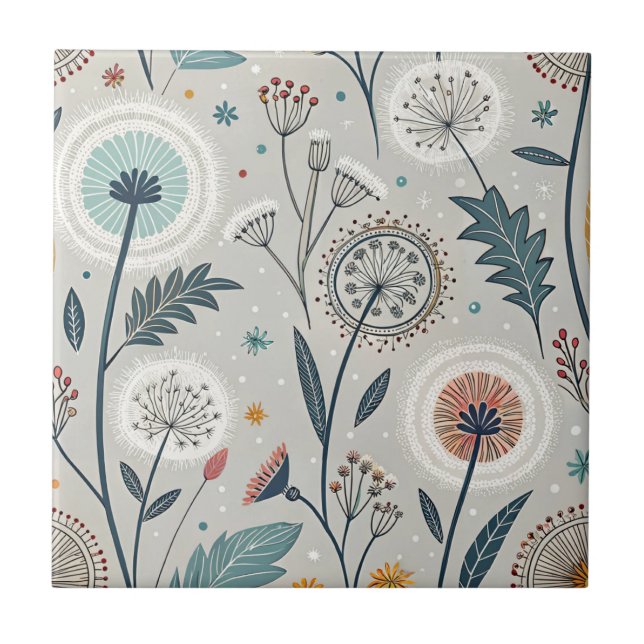 Whimsical Dandelion & Floral Folk Art Seamless (Frente)