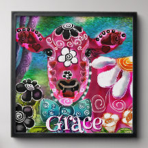 Whimsical Floral Cow Pink Teal Black Personalized