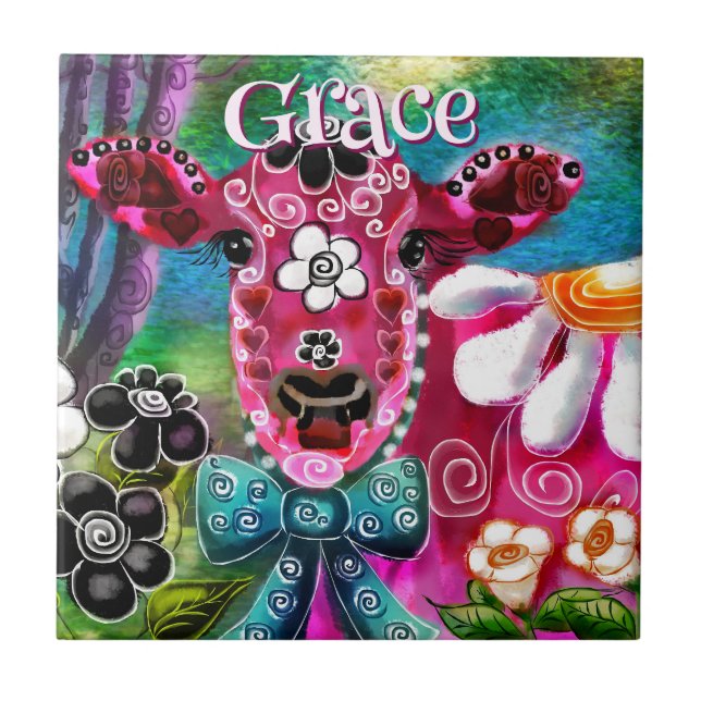 Whimsical Floral Cow Pink Teal Black Personalized (Frente)