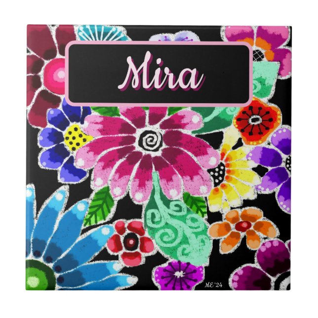 Whimsical Folk-Art Flowers Floral Personalized (Frente)