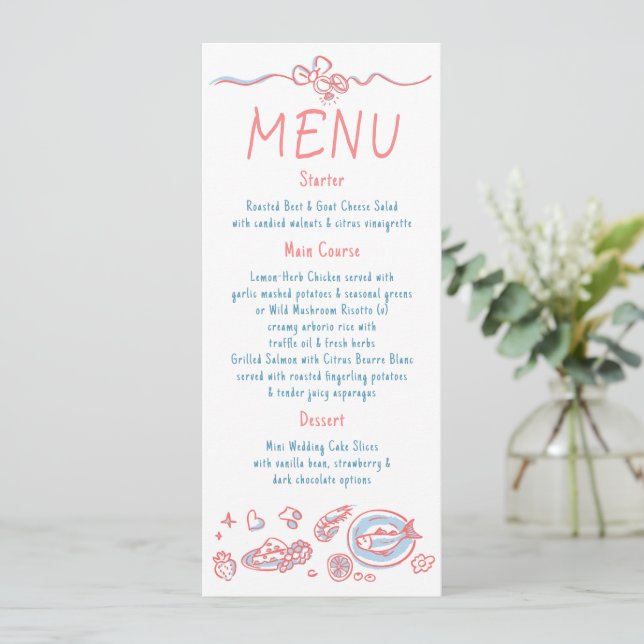 Whimsical Funky Decor Handwritten Wedding Menu (Em pé/Frente)