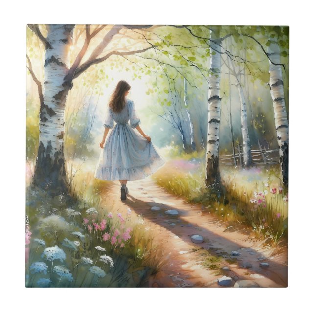 Whimsical Girl Dancing Through Birch Forest (Frente)