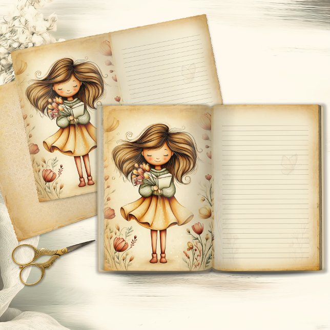 Whimsical Girl with Book & Flowers Journal Page (Criador carregado)