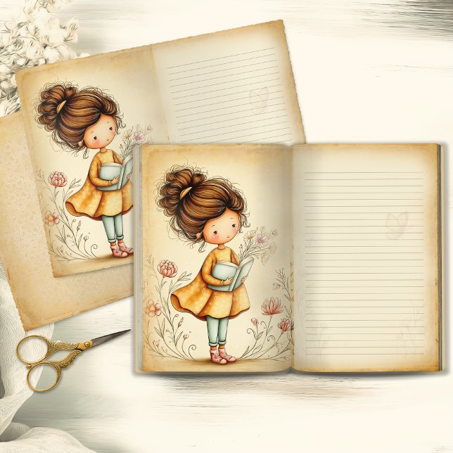 Whimsical Girl with Book Junk Journal Page (Criador carregado)