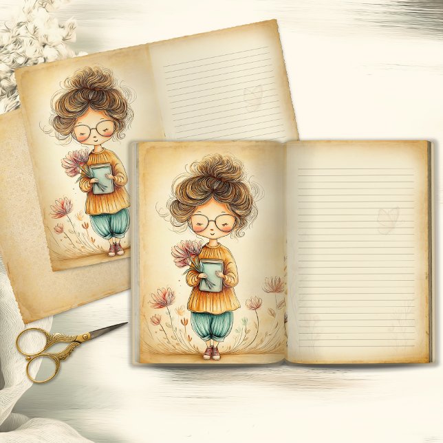 Whimsical Girl with Flowers Junk Journal Page (Criador carregado)