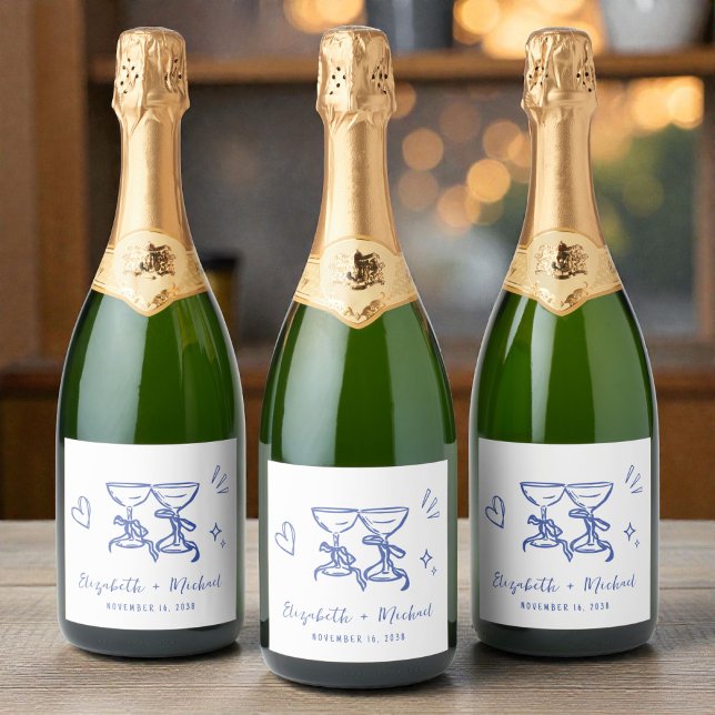 Whimsical Hand Drawn Blue Wedding (Whimsical Hand Drawn Blue Wedding Sparkling Wine Label)