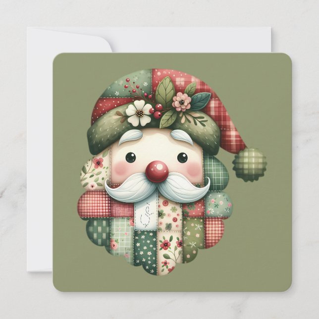 Whimsical Patchwork Santa Folk Christmas Flat Card (Frente)
