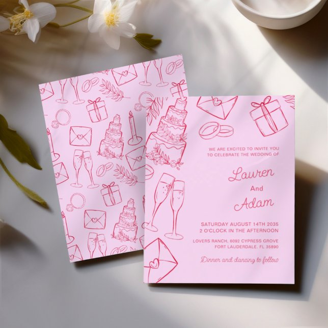 Whimsical Pink & Red Hand Drawn BUDGET Wedding (Criador carregado)