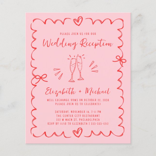 Whimsical Red Pink Wedding Reception Invitation (Frente)