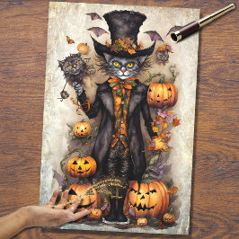 Whimsical Spooky Cat 1 Papel de Decoupage de Hallo