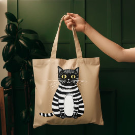 Whimsical Striped Cat Art Tote Bag Cute Folk Illus