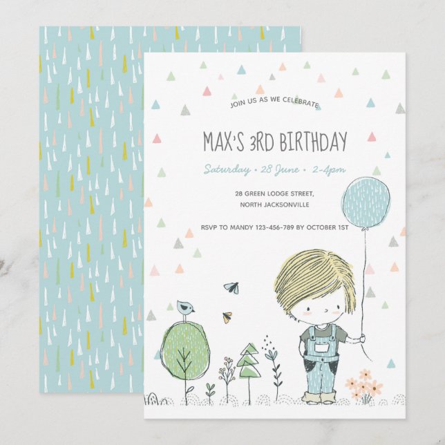 Whimsical Toddler BOY Convite para Aniversário de  (Frente/Verso)