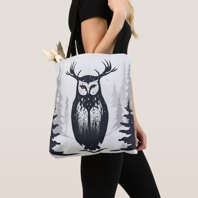 Whimsigoth Stag Owl in Winter Landscape Tote Bag (Close Up)