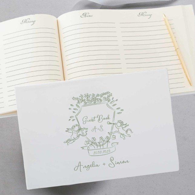 Whimsso traça o livro de convidados de Sage Green  (sage green vintage crest wedding guest book features hand drawn cherub illustration )