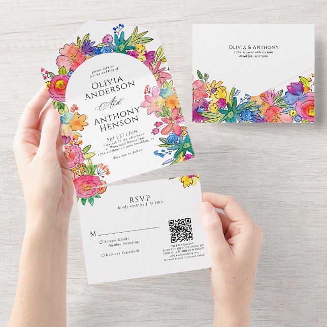 Whimsy Bold Floral Watercolor Código QR Casamento (Criador carregado)