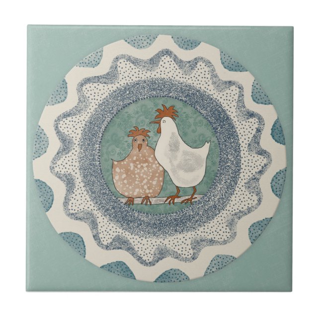 Whimsy Chickens Mint Blue Terracotta Teal Aqua (Frente)
