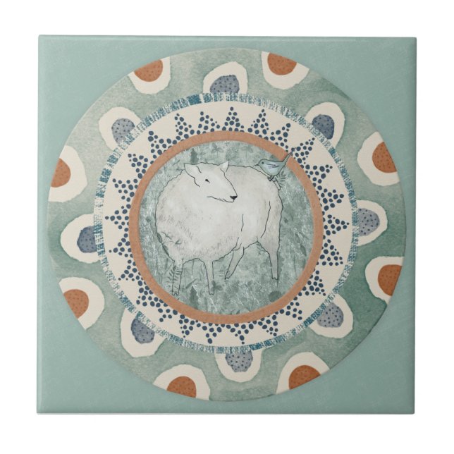 Whimsy Sheep & Bird Mint Blue Terracotta Aqua (Frente)