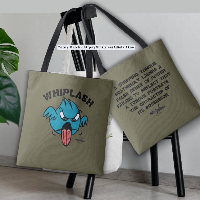 WHIPLASH Tote Bag da Poeta Adiela Akoo (Whiplash Tote by Poet Adiela Akoo. Also available in white. Shop the collection for tees, mugs + mor)