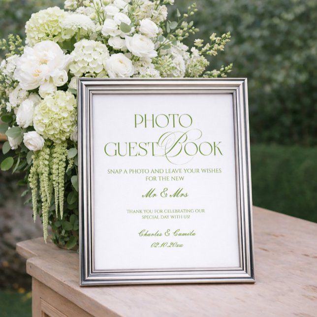 White and Green Wedding Photo Guest Book Poster (Criador carregado)