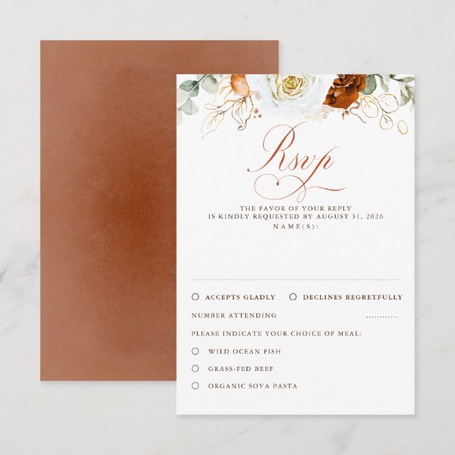 White and Terracotta Flowers Wedding RSVP (Frente/Verso)