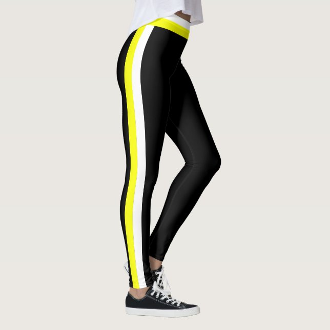 White and Yellow Side Stripe Black Sports Leggings (Direita)