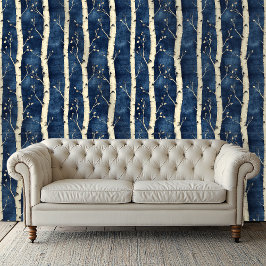 White Birch Tree Padrão Blue Wallpaper