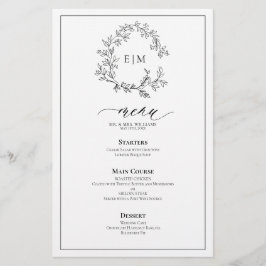 White Black Leafy Crest Monograma Menu Casamento