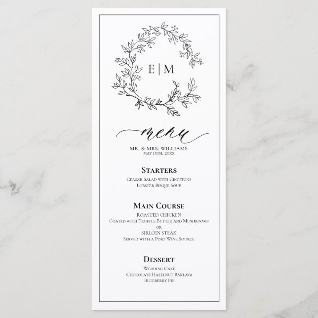 White Black Leafy Crest Monograma Menu Casamento (Frente)