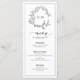 White Black Leafy Crest Monograma Menu Casamento