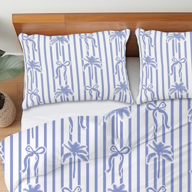 White Blue Coastal Palm Trees Bows Stripes Pattern (In situ)