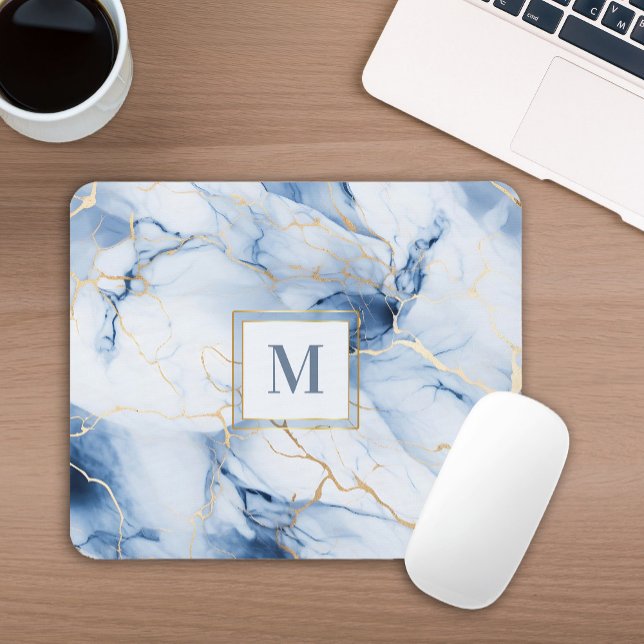 White Blue Gold Marble Monogram Initial Mousepad (Criador carregado)