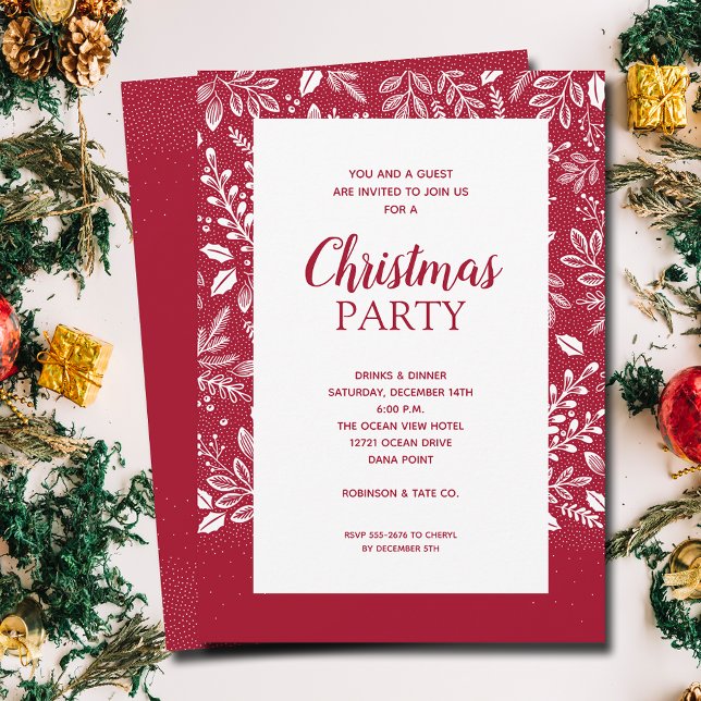 White Botanicals Cranberry Convites de Natal (White botanicals border on cranberry Christmas invitations, PRINTED and/or INSTANT DOWNLOAD)