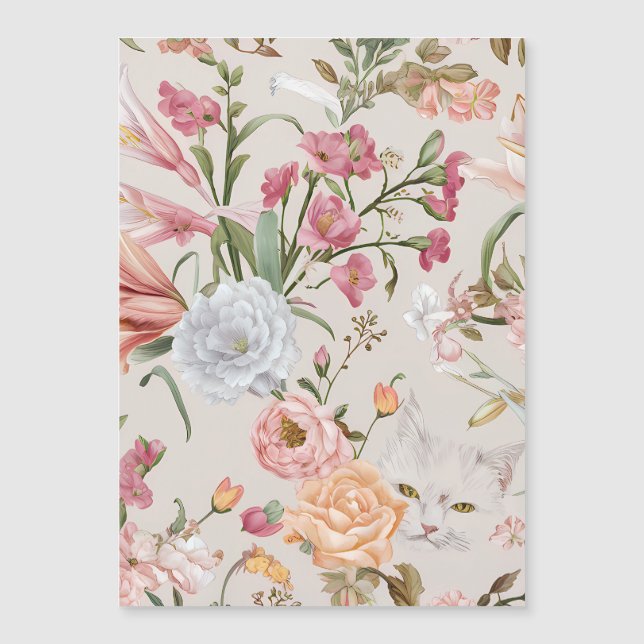 White Cats Pink Roses Floral Flat Thank You Card (Frente)