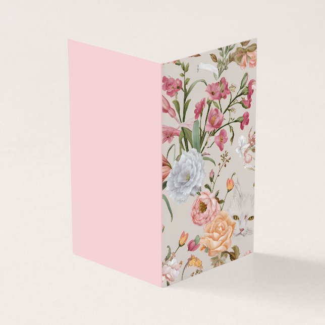 White Cats Pink Roses Floral Flat Thank You Card (Exterior)