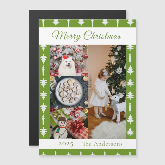 White Christmas Tree Photo Collage Magnetic Card (Frente/Verso)