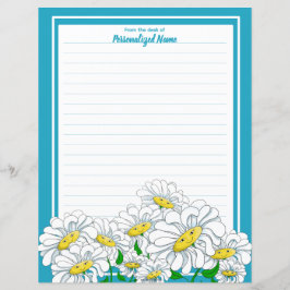 White Daisies Blue - White Lined Paper Sheet