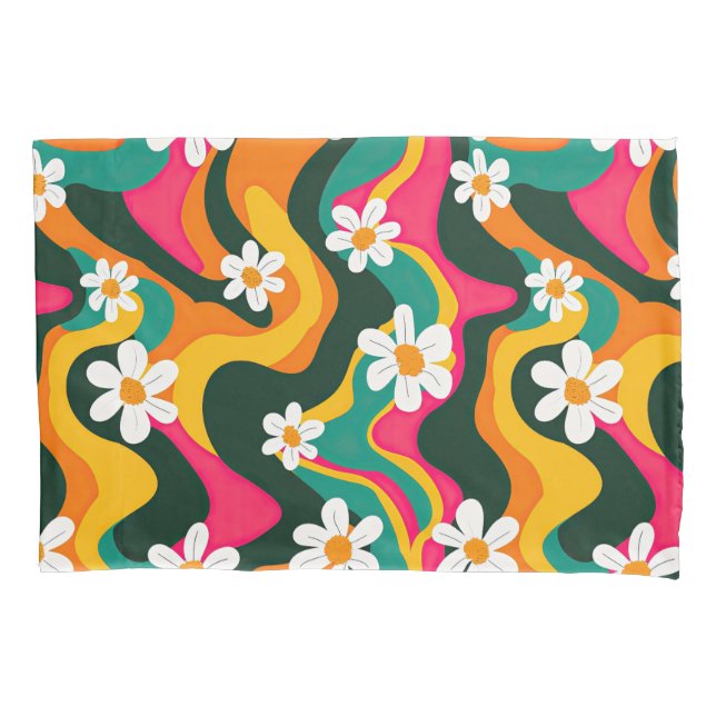 White Daisies Hippie Floral Pattern Colorful Retro (Frente)