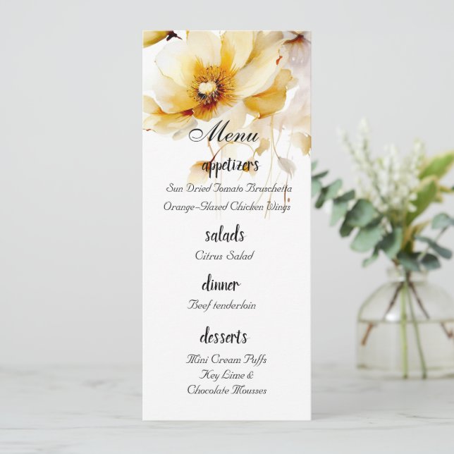 White & Dourado Watercolor Florals Menu Wedals (Em pé/Frente)