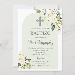 White Floral Bautizo Convite Espanhol